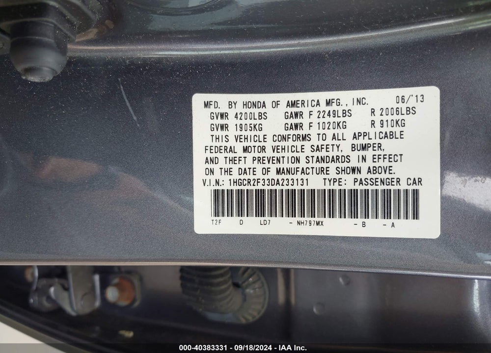 2013 HONDA ACCORD LX VIN: 1HGCR2F33DA233131