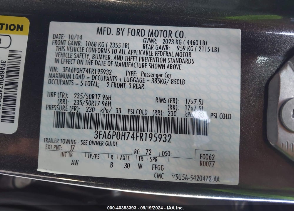 2015 FORD FUSION SE VIN: 3FA6P0H74FR195932