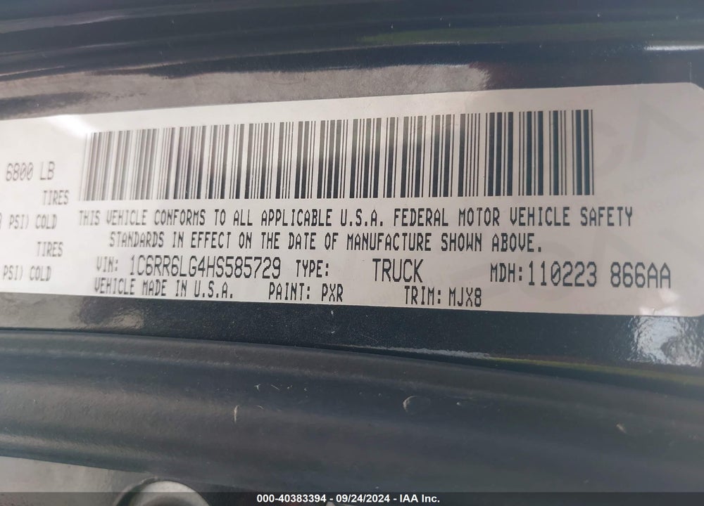 2017 RAM 1500 BIG HORN 4X2 5'7 BOX VIN: 1C6RR6LG4HS585729