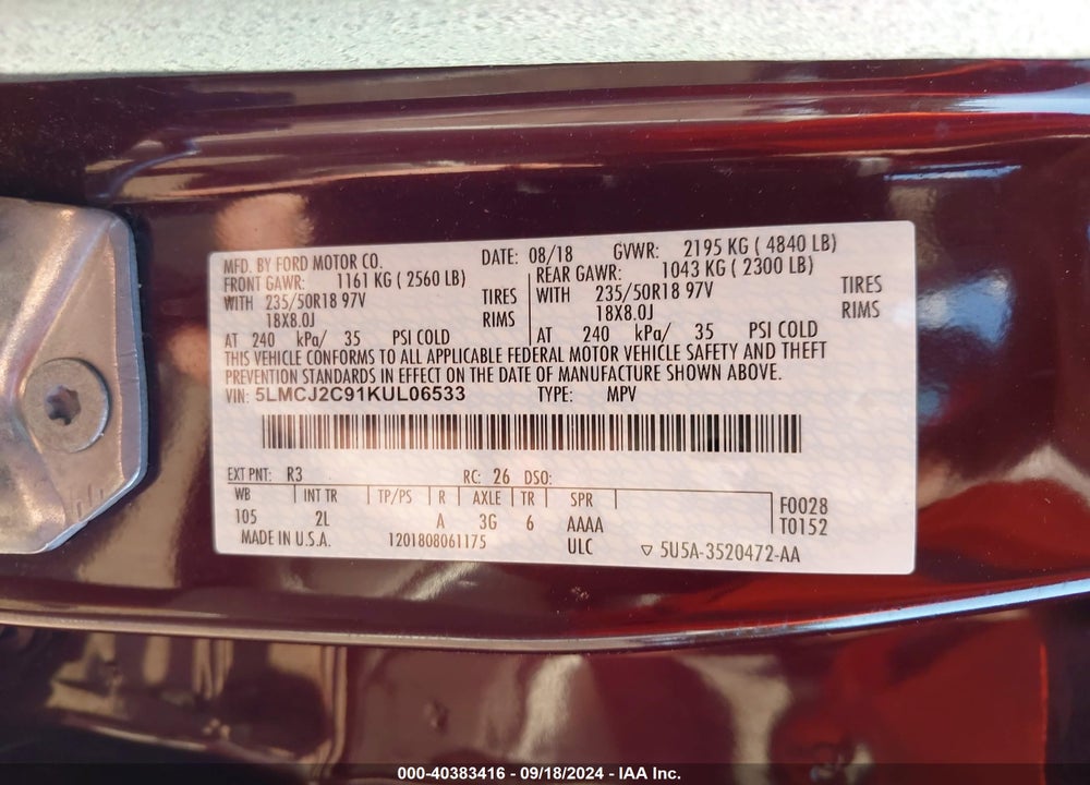 2019 LINCOLN MKC SELECT VIN: 5LMCJ2C91KUL06533