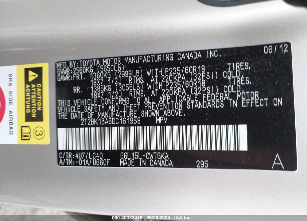 2013 LEXUS RX 350 VIN: 2T2BK1BA6DC161958
