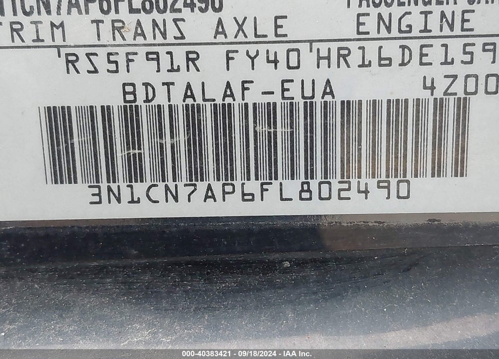 2015 NISSAN VERSA 1.6 S+ VIN: 3N1CN7AP6FL802490