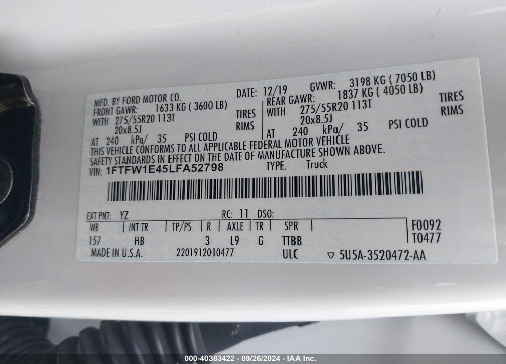 2020 FORD F-150 LARIAT VIN: 1FTFW1E45LFA52798