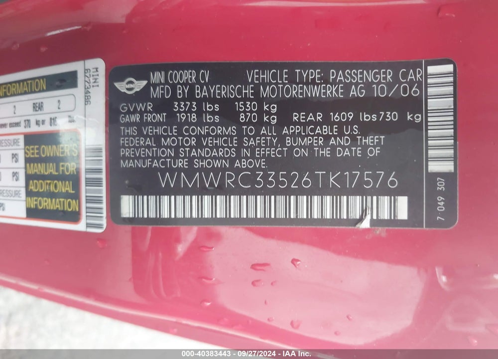 2006 MINI COOPER VIN: WMWRC33526TK17576