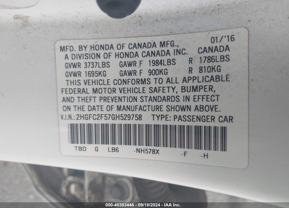 2016 HONDA CIVIC LX VIN: 2HGFC2F57GH529758