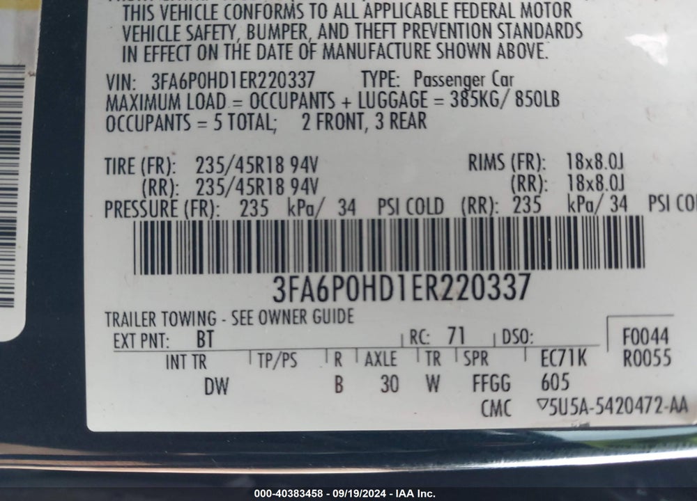 2014 FORD FUSION SE VIN: 3FA6P0HD1ER220337