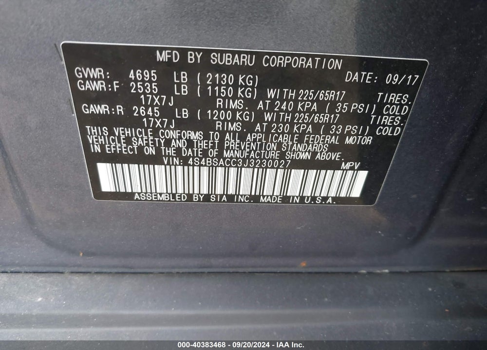 2018 SUBARU OUTBACK 2.5I PREMIUM VIN: 4S4BSACC3J3230027