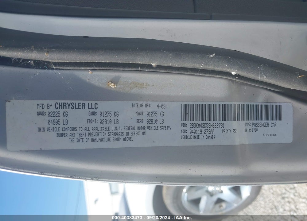 2009 DODGE CHARGER SE VIN: 2B3KA43D59H622731