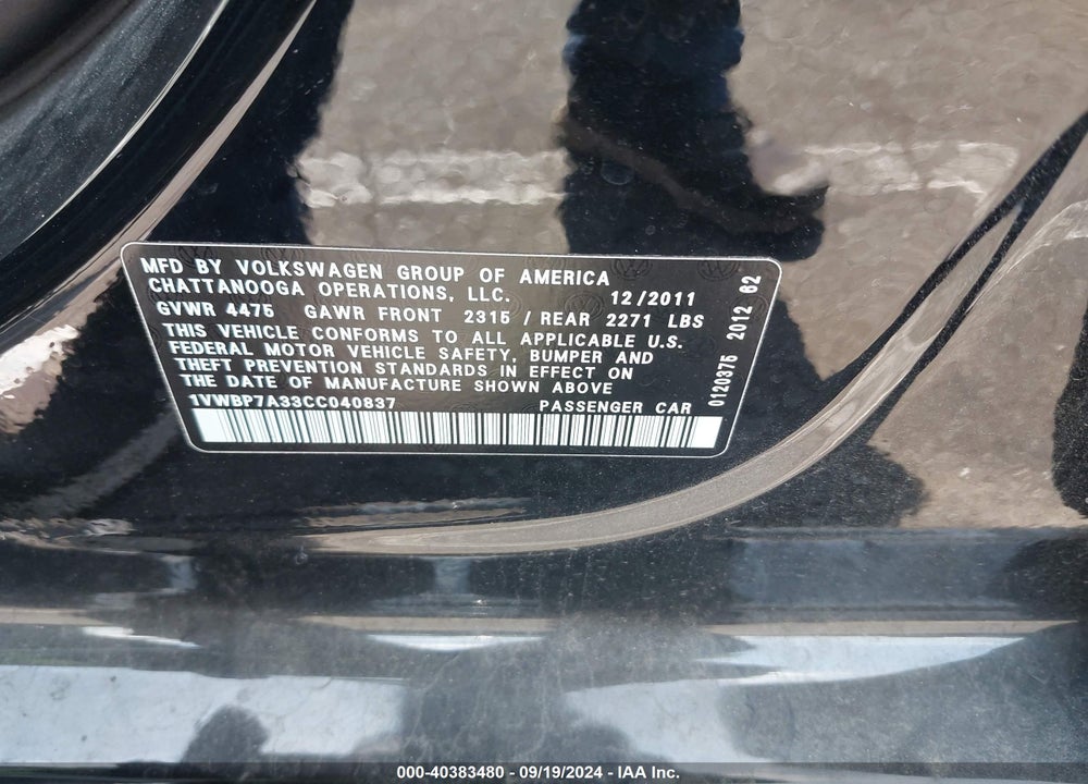 2012 VOLKSWAGEN PASSAT 2.5L SE VIN: 1VWBP7A33CC040837