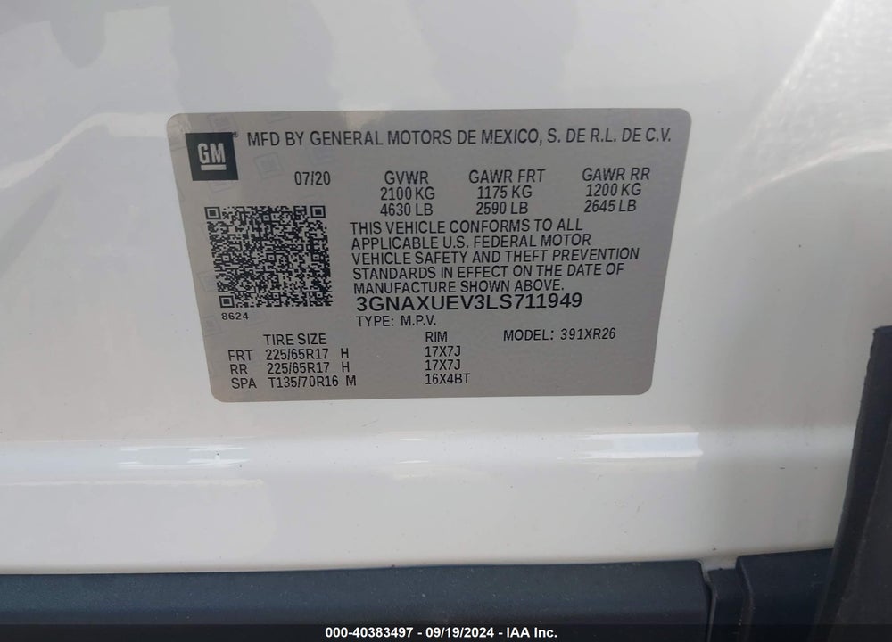 2020 CHEVROLET EQUINOX AWD LT 1.5L TURBO VIN: 3GNAXUEV3LS711949