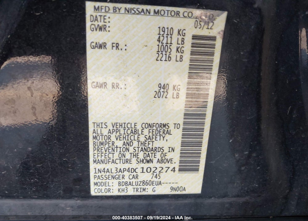 2013 NISSAN ALTIMA 2.5 SV VIN: 1N4AL3AP4DC102274