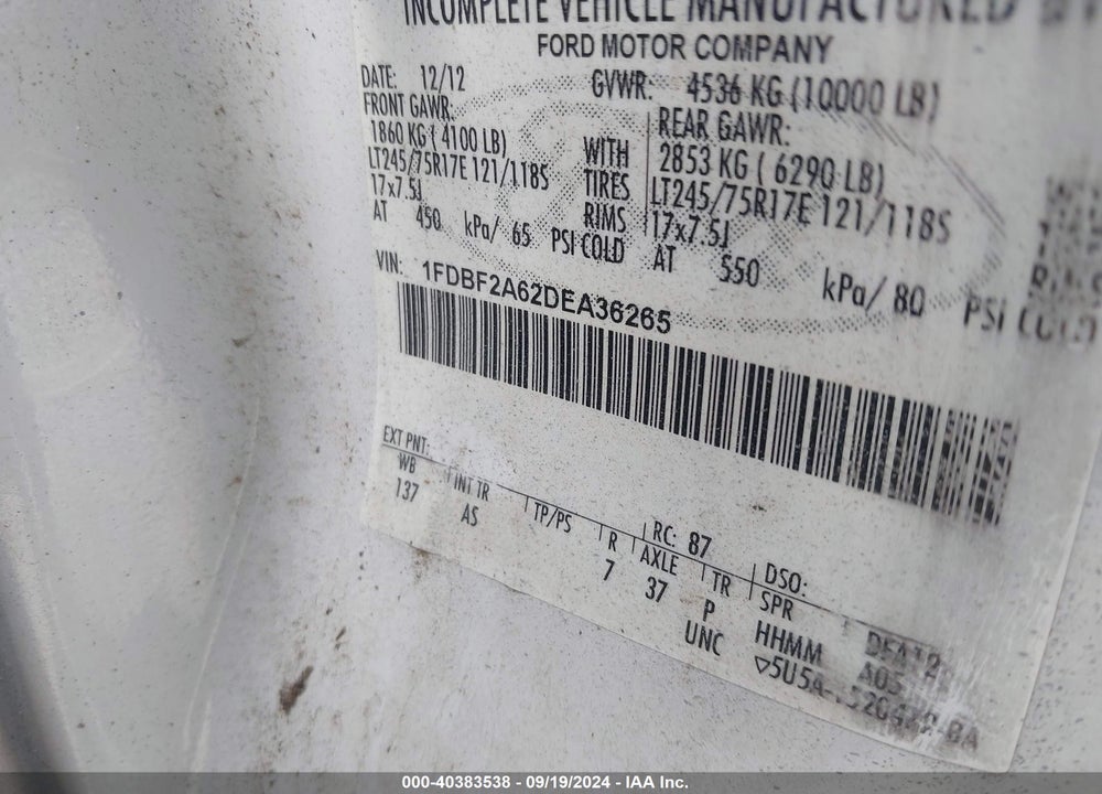 2013 FORD F-250 XL VIN: 1FDBF2A62DEA36265