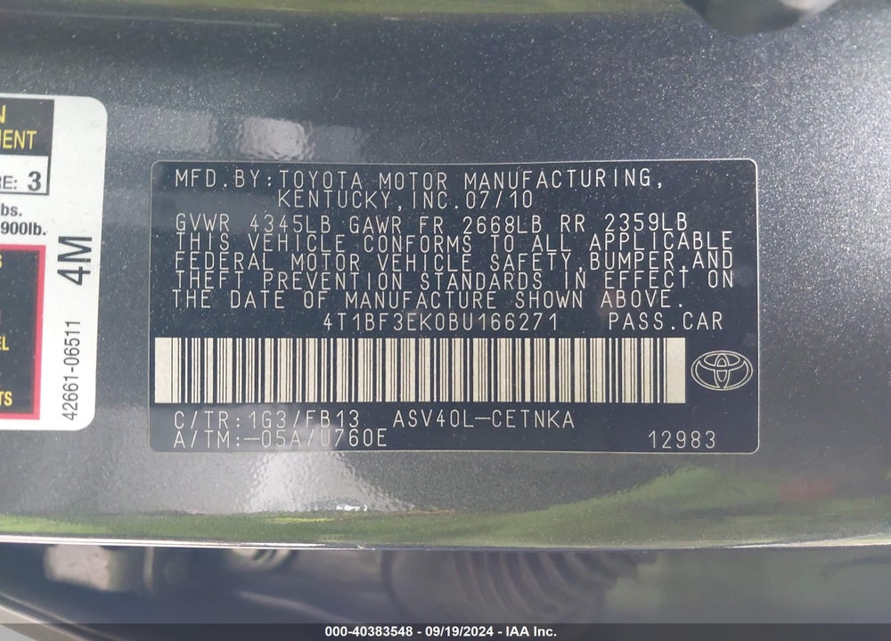 2011 TOYOTA CAMRY LE VIN: 4T1BF3EK0BU166271
