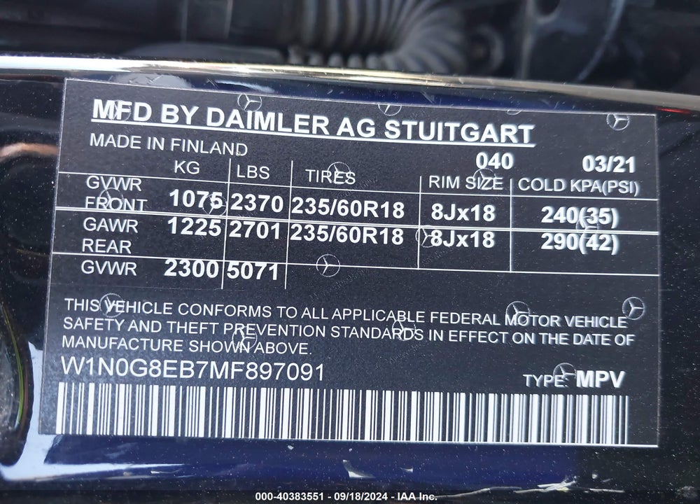 2021 MERCEDES-BENZ GLC 300 4MATIC SUV VIN: W1N0G8EB7MF897091