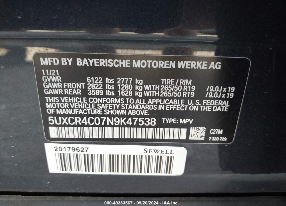 2022 BMW X5 SDRIVE40I VIN: 5UXCR4C07N9K47538