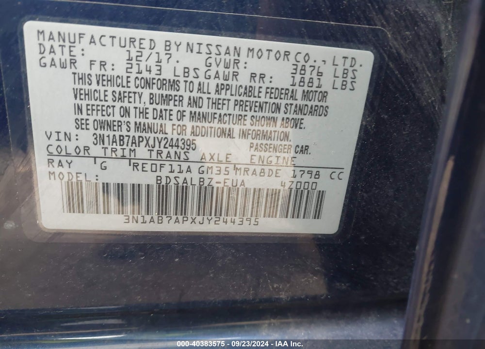 2018 NISSAN SENTRA S VIN: 3N1AB7APXJY244395