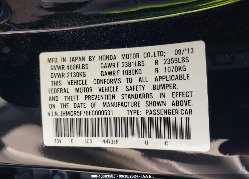 2014 HONDA ACCORD PLUG-IN HYBRID VIN: JHMCR5F76EC000531