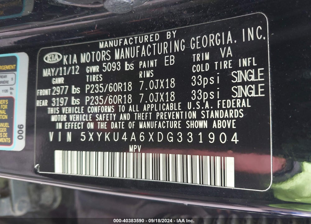 2013 KIA SORENTO EX VIN: 5XYKU4A6XDG331904