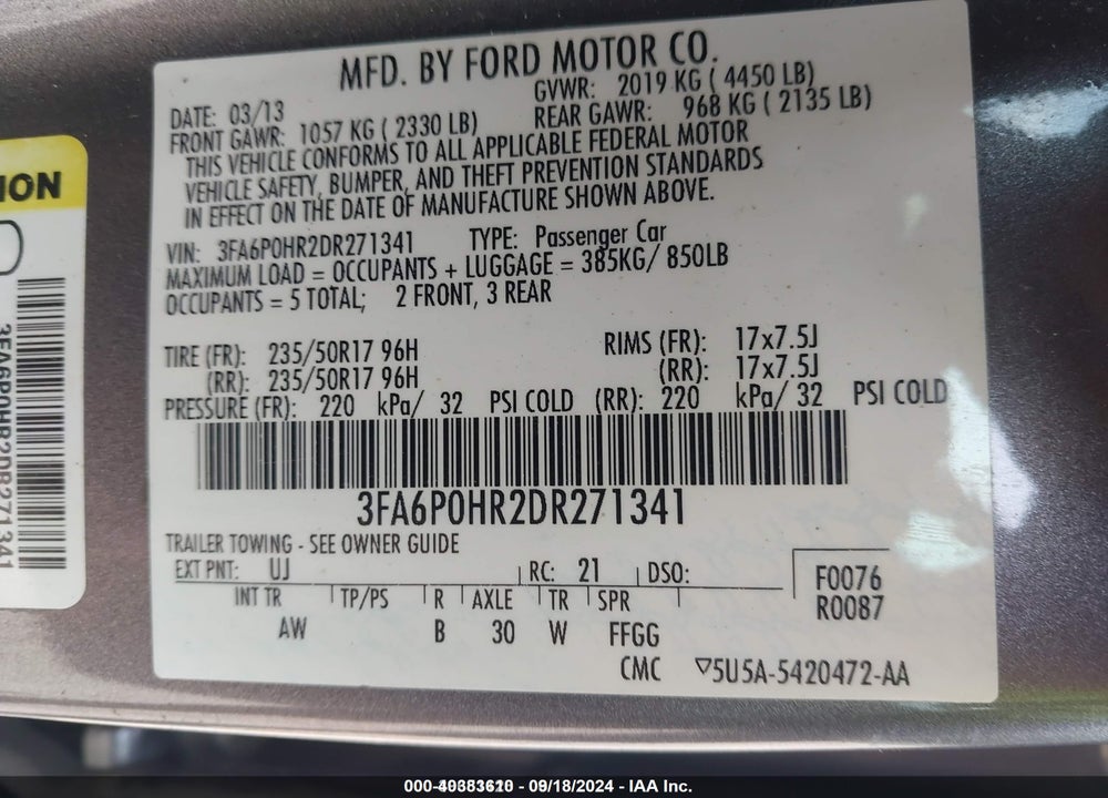 2013 FORD FUSION VIN: 3FA6P0HR2DR271341