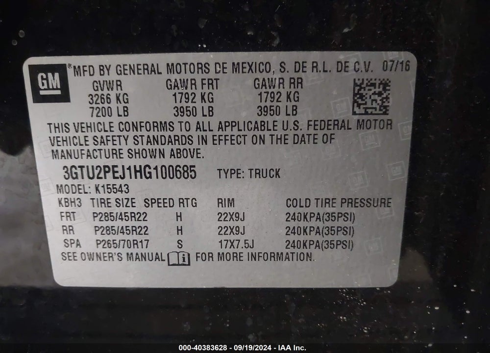 2017 GMC SIERRA 1500 DENALI VIN: 3GTU2PEJ1HG100685
