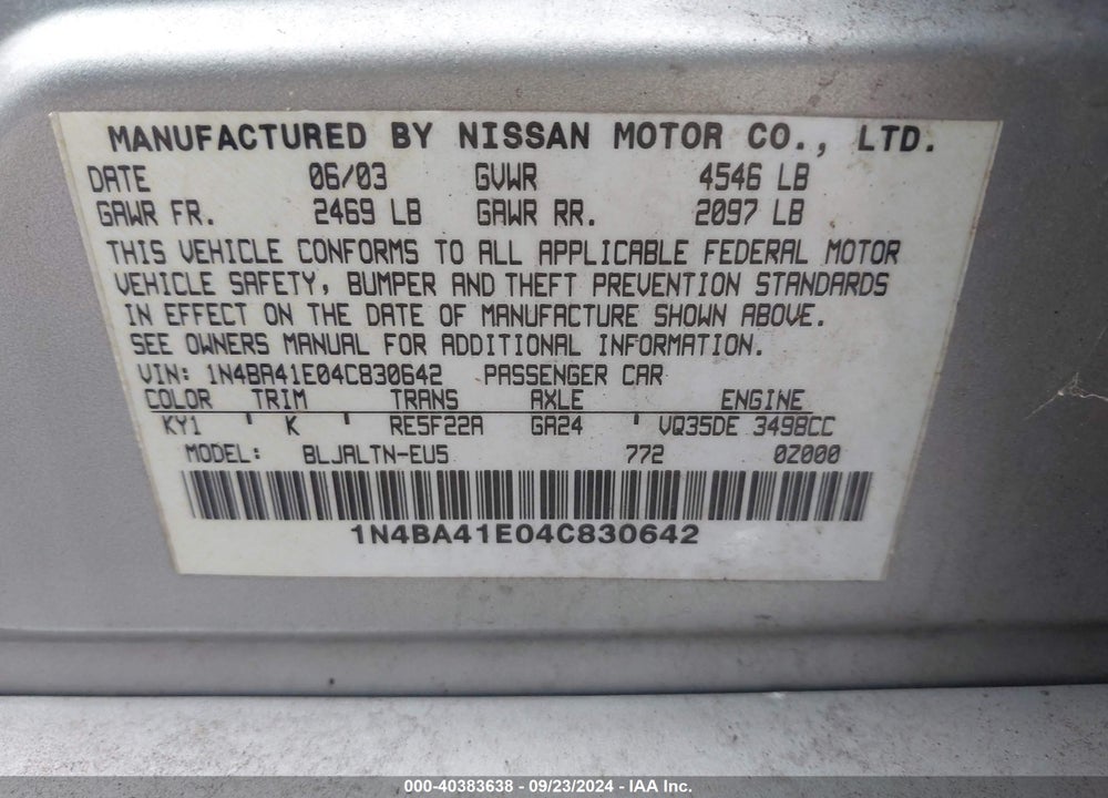 2004 NISSAN MAXIMA 3.5 SE VIN: 1N4BA41E04C830642