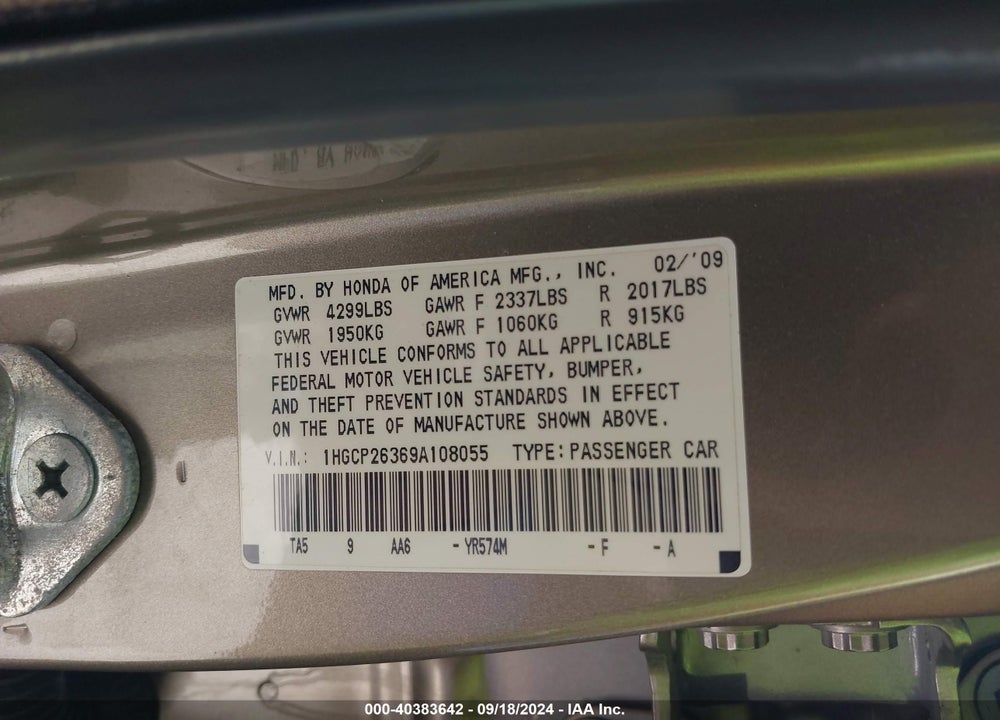 2009 HONDA ACCORD 2.4 LX VIN: 1HGCP26369A108055