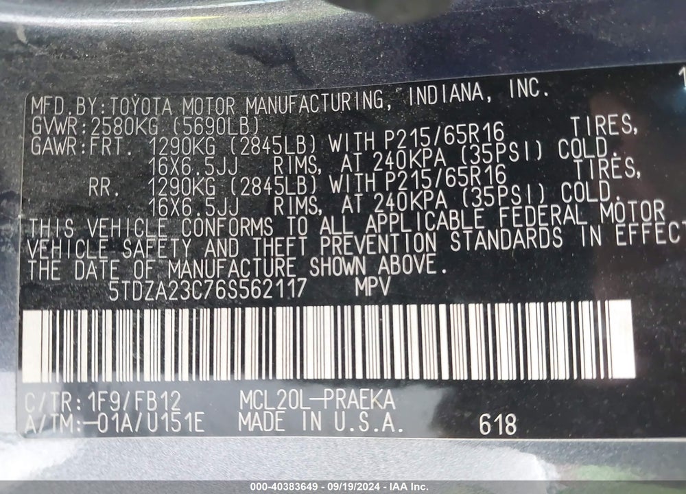 2006 TOYOTA SIENNA CE VIN: 5TDZA23C76S562117