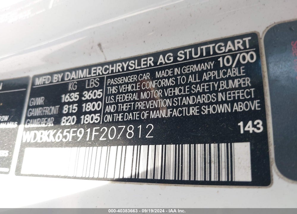 2001 MERCEDES-BENZ SLK 320 VIN: WDBKK65F91F207812