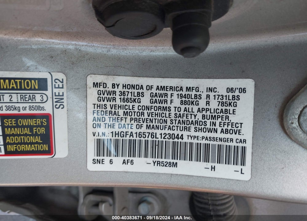 2006 HONDA CIVIC LX VIN: 1HGFA16576L123044