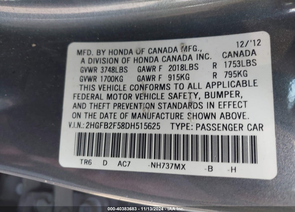 2013 HONDA CIVIC LX VIN: 2HGFB2F58DH515625