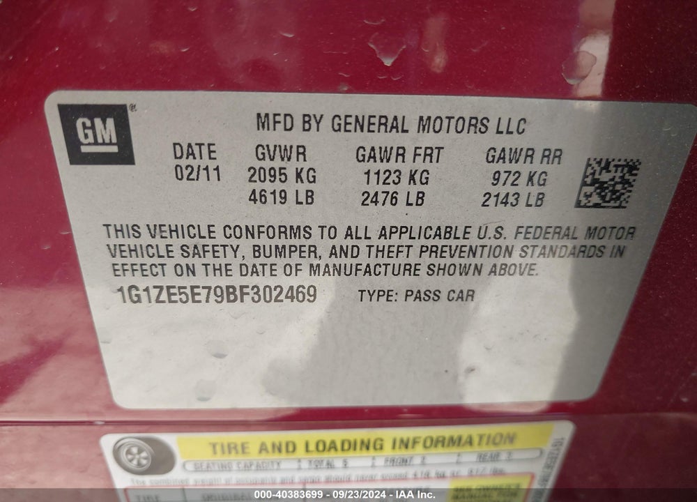 2011 CHEVROLET MALIBU LTZ VIN: 1G1ZE5E79BF302469