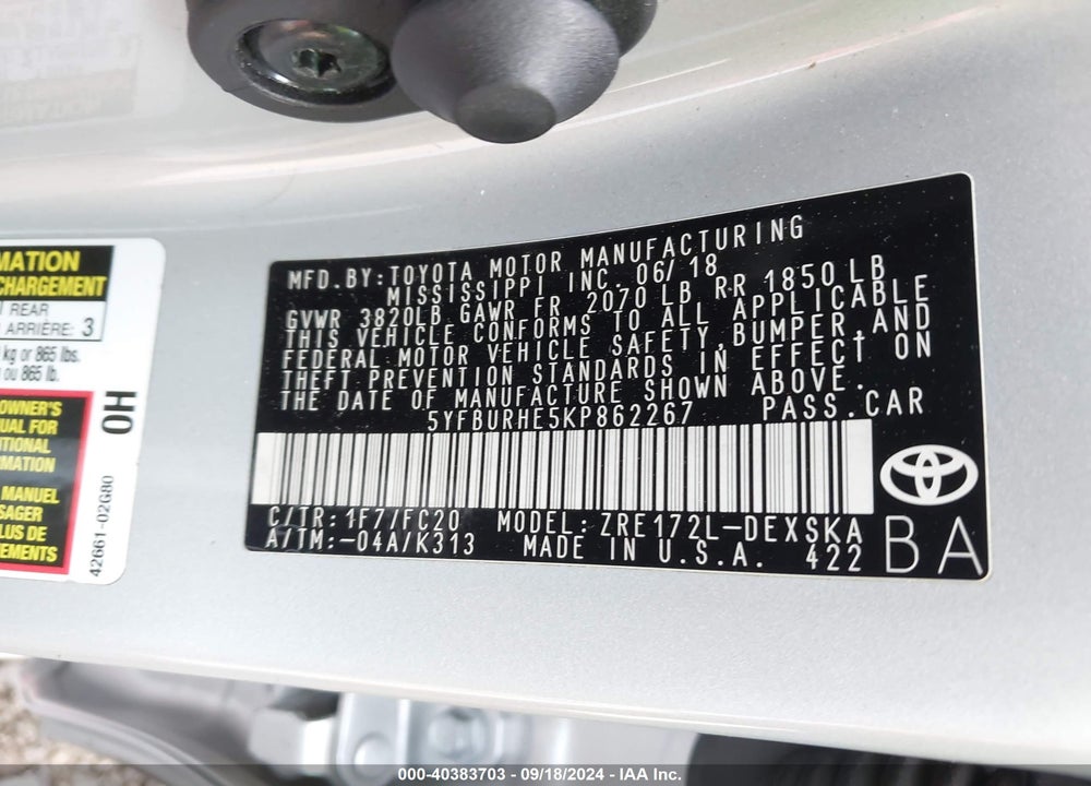 2019 TOYOTA COROLLA SE VIN: 5YFBURHE5KP862267