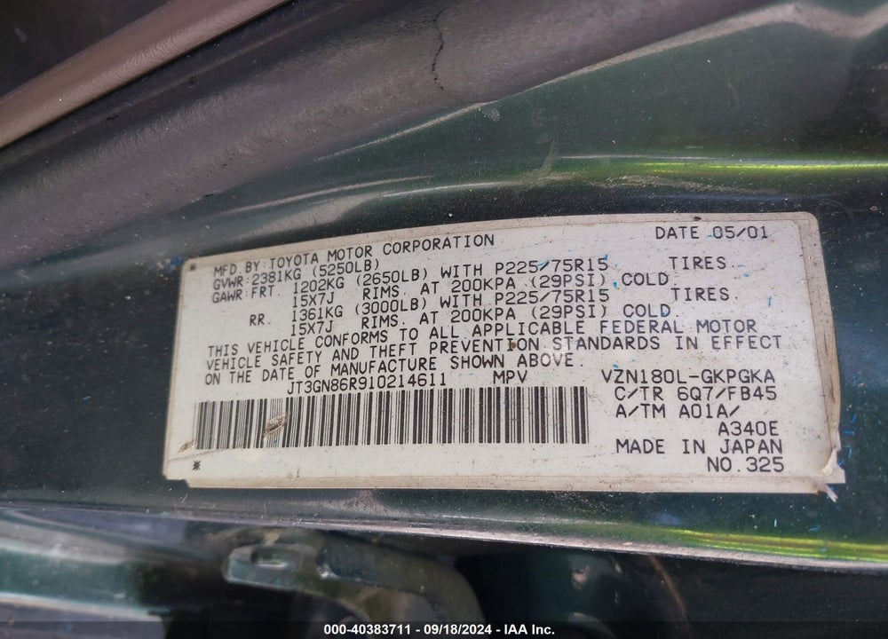 2001 TOYOTA 4RUNNER SR5 V6 VIN: JT3GN86R910214611
