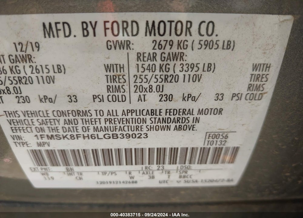 2020 FORD EXPLORER LIMITED VIN: 1FMSK8FH6LGB39023