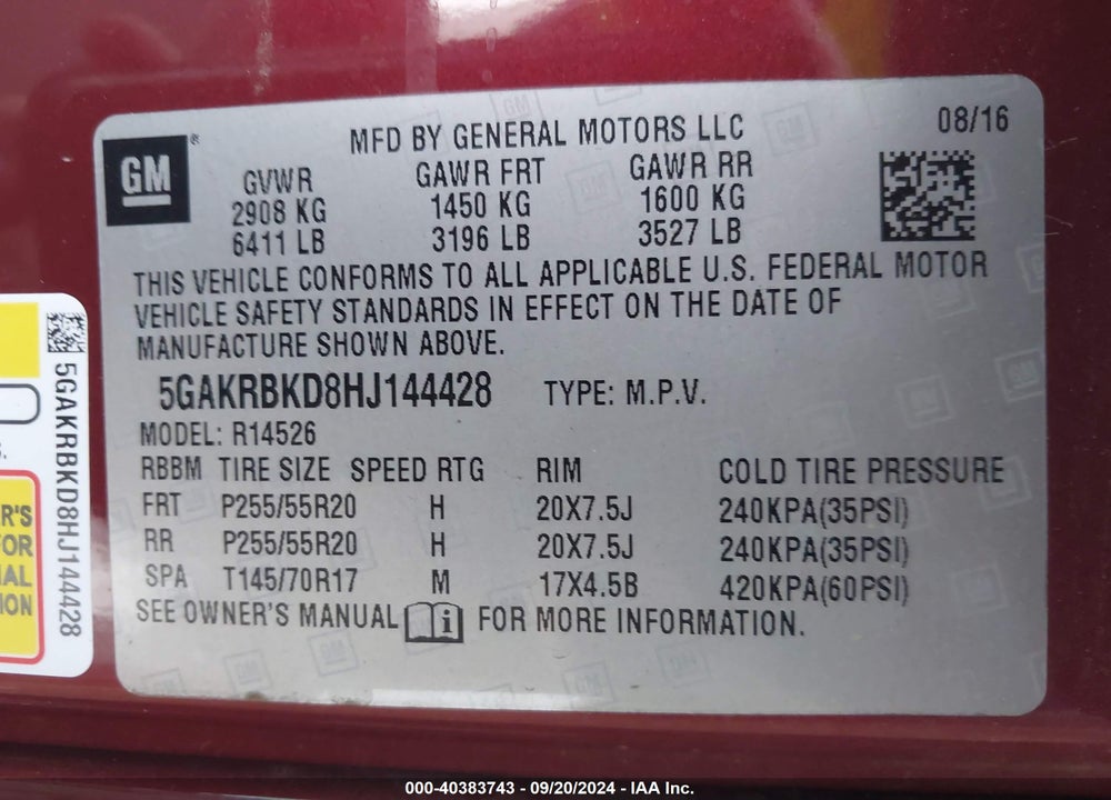 2017 BUICK ENCLAVE LEATHER VIN: 5GAKRBKD8HJ144428