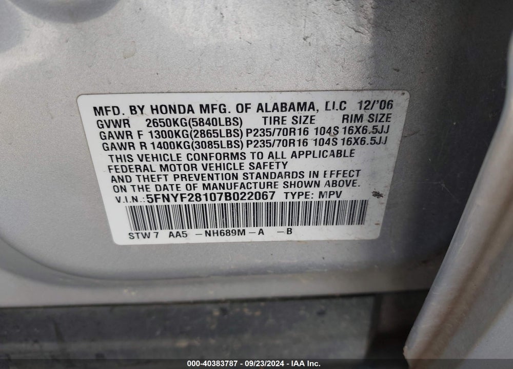 2007 HONDA PILOT LX VIN: 5FNYF28107B022067
