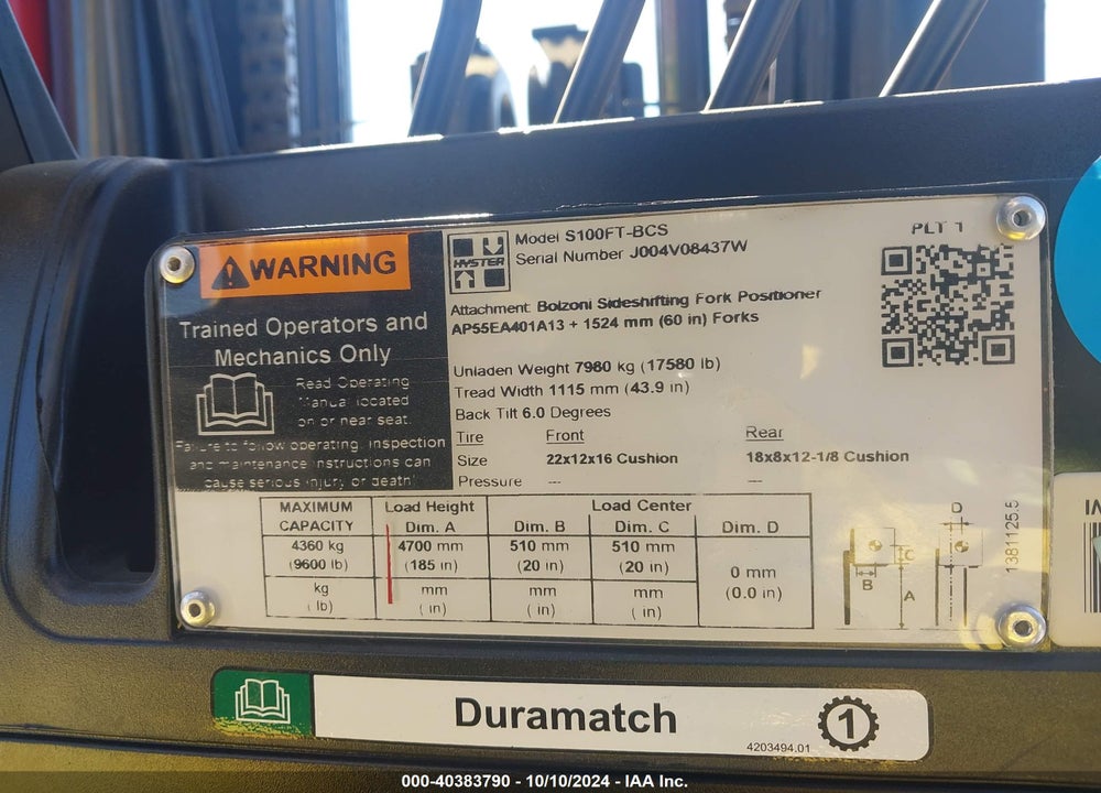 2022 HYSTER S100FT-BCS FORKLIFT VIN: J004V08437W