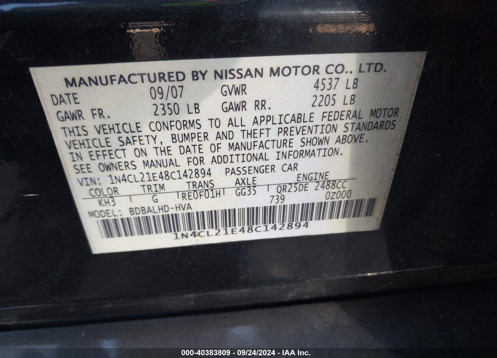 2008 NISSAN ALTIMA HYBRID VIN: 1N4CL21E48C142894
