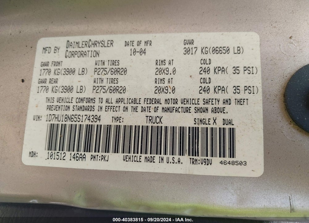 2005 DODGE RAM 1500 SLT/LARAMIE VIN: 1D7HU18N65S174394