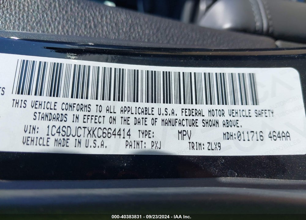 2019 DODGE DURANGO R/T AWD VIN: 1C4SDJCTXKC664414
