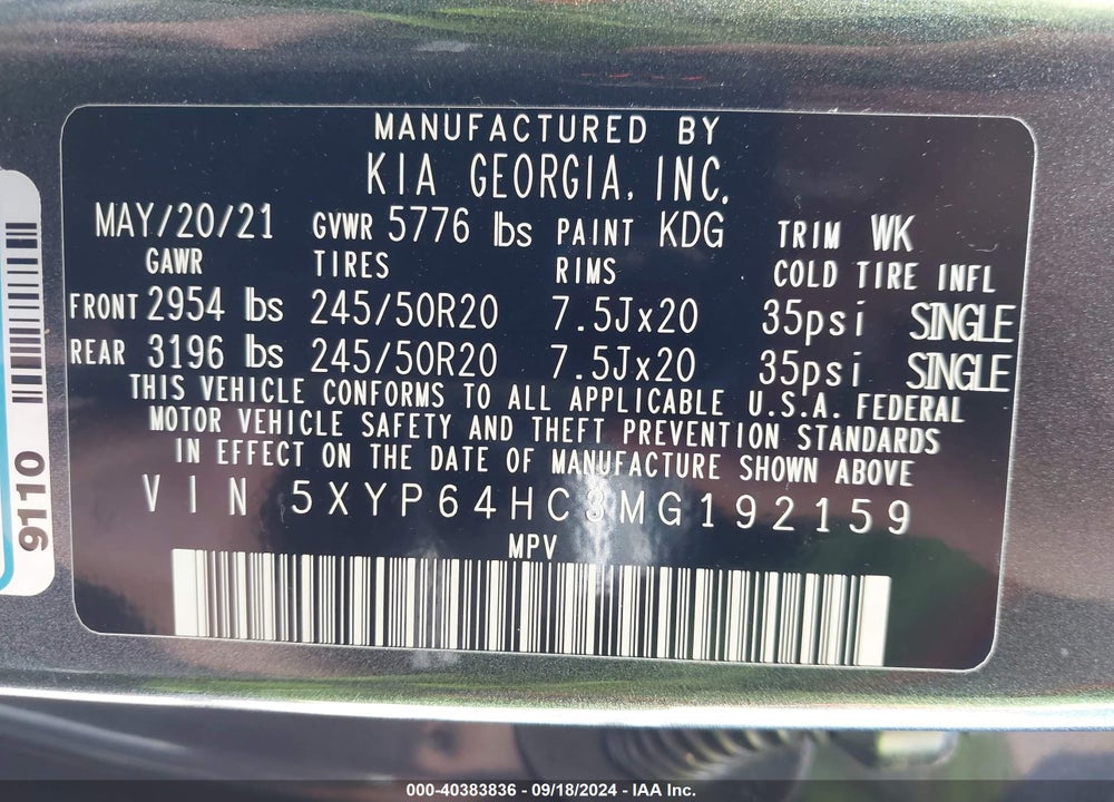 2021 KIA TELLURIDE S VIN: 5XYP64HC3MG192159