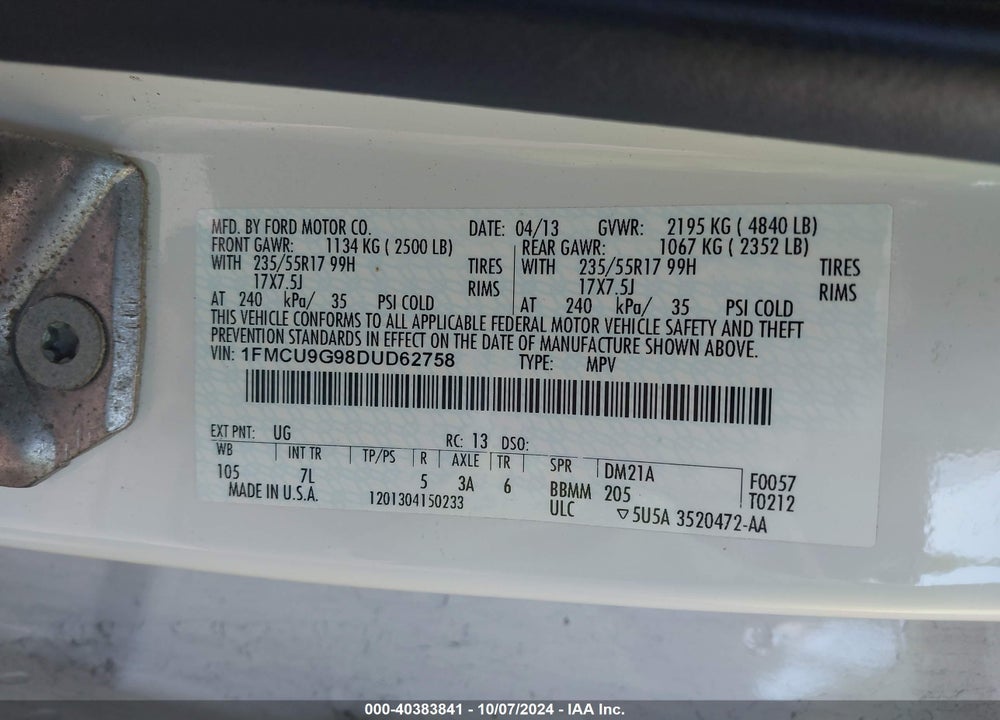 2013 FORD ESCAPE SE VIN: 1FMCU9G98DUD62758