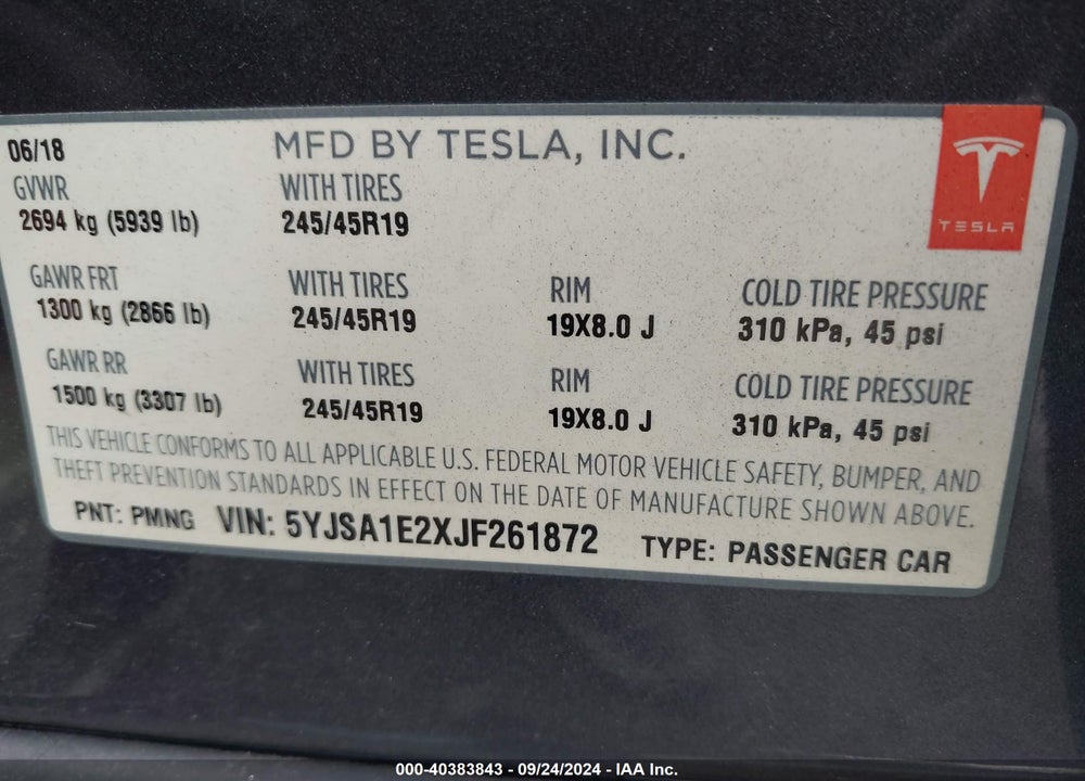 2018 TESLA MODEL S VIN: 5YJSA1E2XJF261872