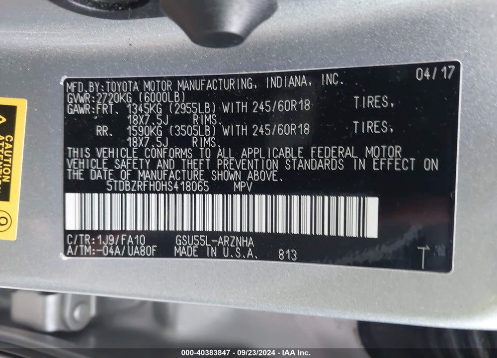 2017 TOYOTA HIGHLANDER LE PLUS VIN: 5TDBZRFH0HS418065