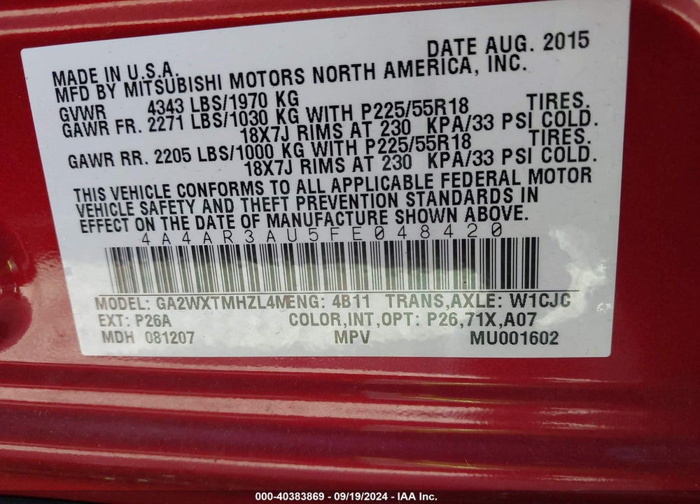 2015 MITSUBISHI OUTLANDER SPORT ES VIN: 4A4AR3AU5FE048420