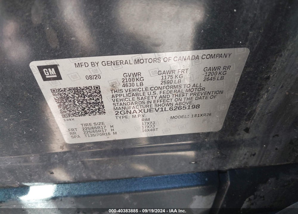 2020 CHEVROLET EQUINOX AWD LT 1.5L TURBO VIN: 2GNAXUEV1L6265198