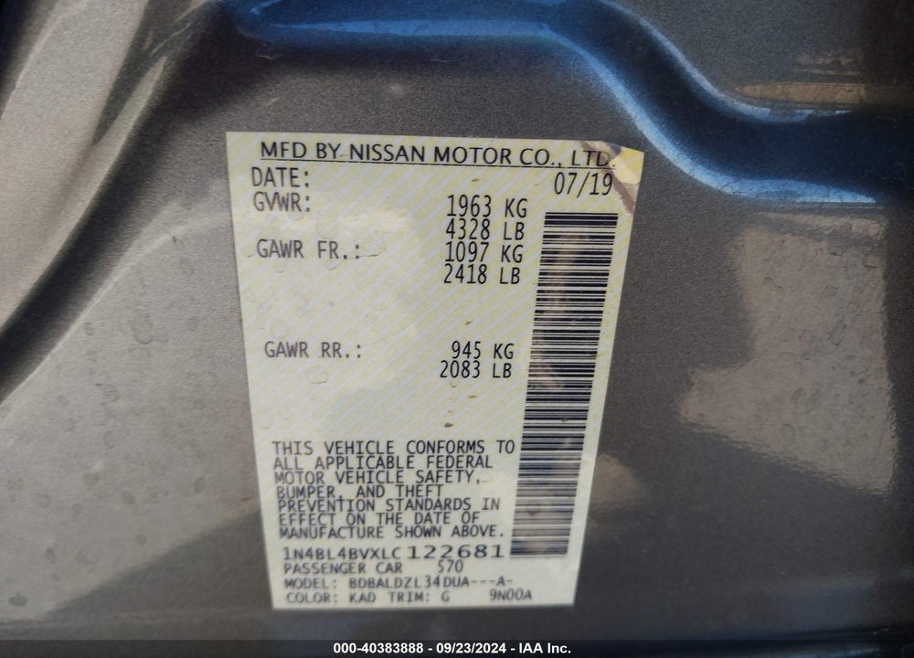 2020 NISSAN ALTIMA S FWD VIN: 1N4BL4BVXLC122681