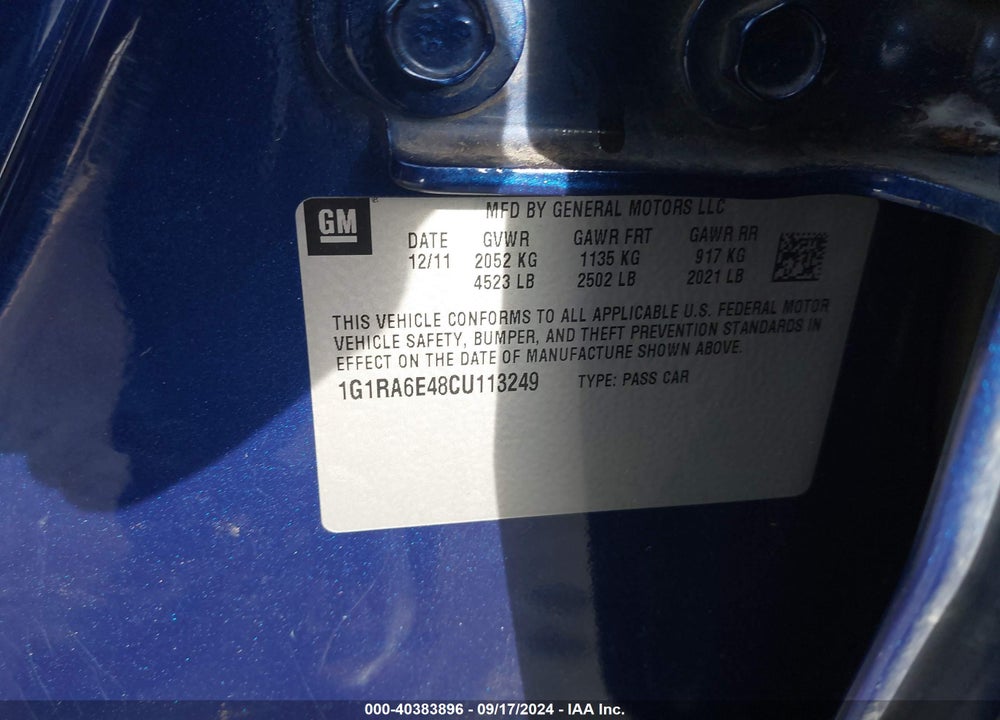 2012 CHEVROLET VOLT VIN: 1G1RA6E48CU113249