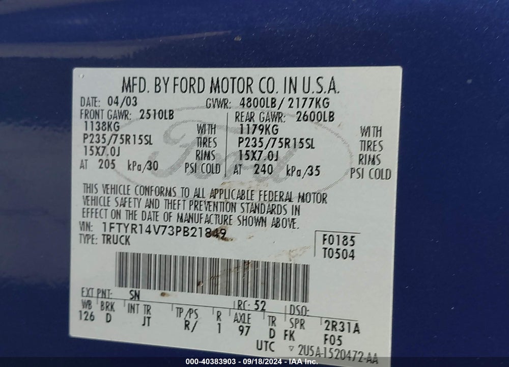 2003 FORD RANGER EDGE/TREMOR/XL/XLT VIN: 1FTYR14V73PB21849