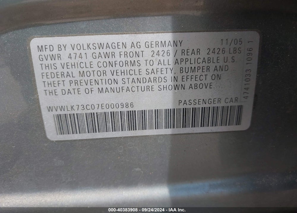 2007 VOLKSWAGEN PASSAT 2.0T VIN: WVWLK73C07E000986